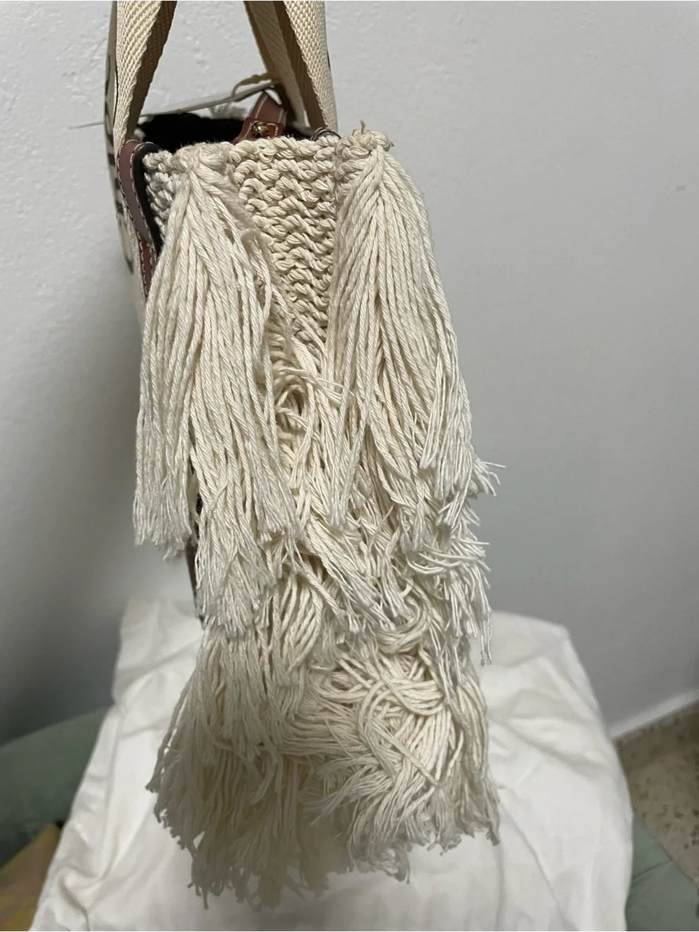 Chloé Natural crochet Tote with Branded Canvas Straps and Brown Leather Trim
